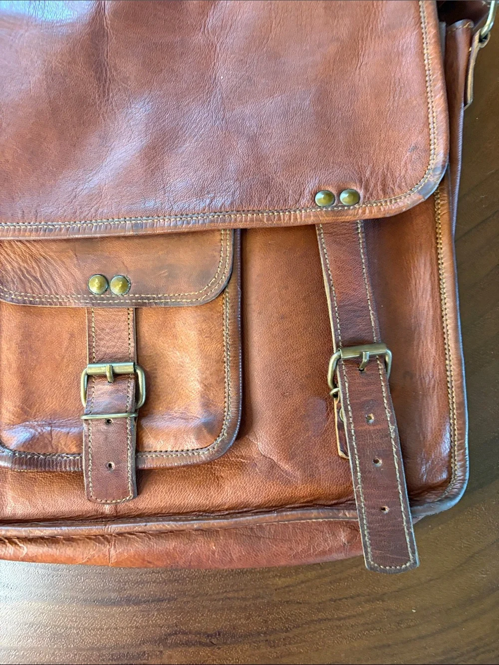 Vintage Brown Leather Satchel Messenger Bag Rustic Crossbody Large 15”